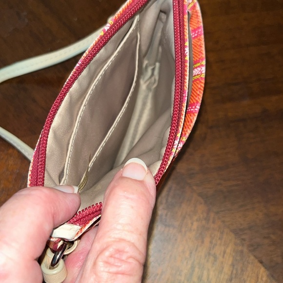 Coach Vintage wristlet coated canvas stripe Orange pink sage white/tan leather - Picture 6 of 13